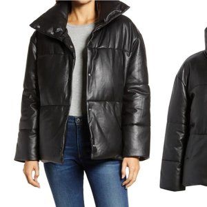 BLACK  Faux Leather Puffer Jacket